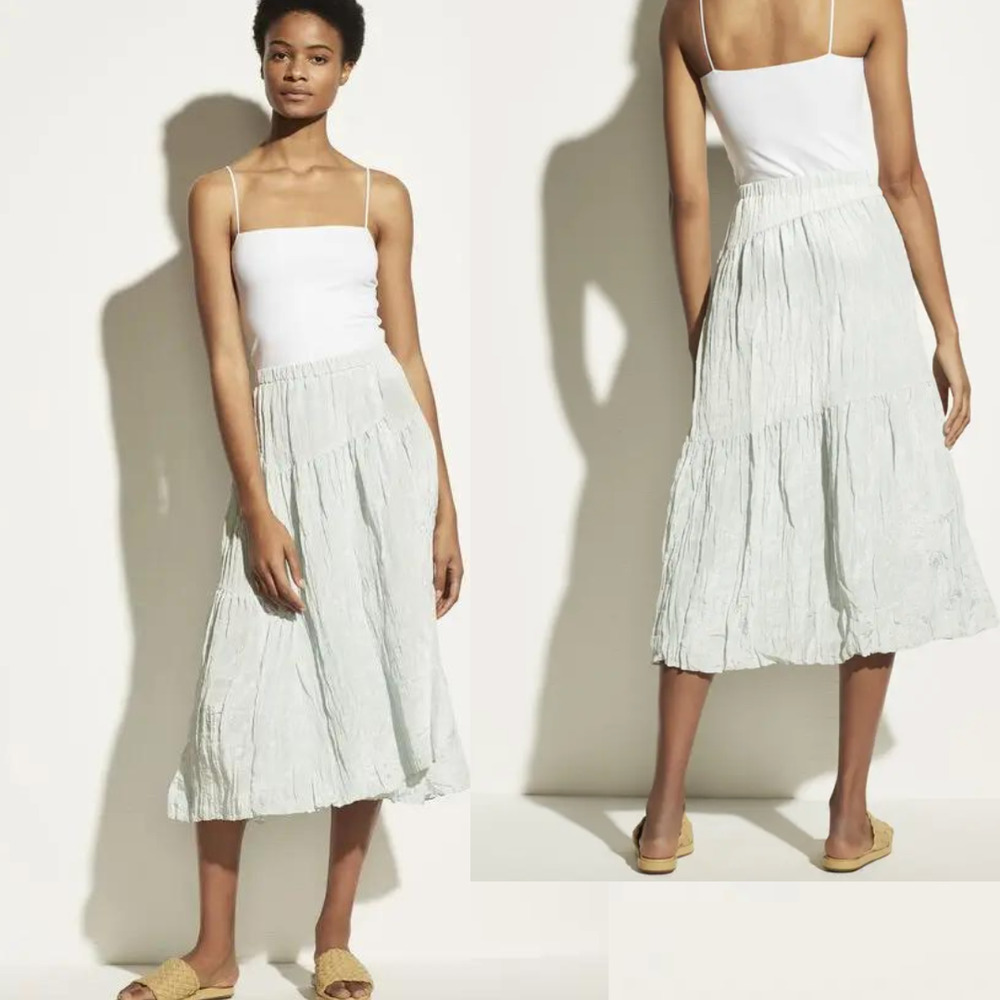 Vince Asymmetric Crinkle Mint Blue Midi Crinkle Skirt NWT Size Medium MSRP $325